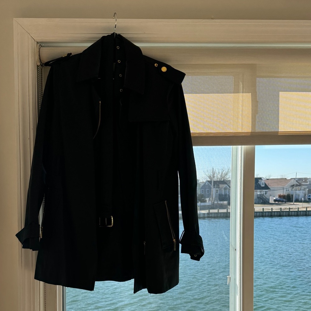 Black Women's Trench Coat - Classic Button Shoulder Detail